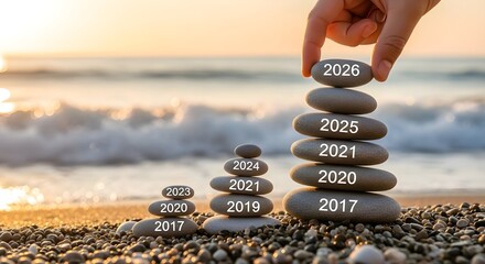 Hand stacking stones with years from 2017 to 2026 on a beach at sunset symbolizing future planning and progress
