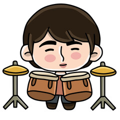 Cute boy playing percussion bongo drums set cartoon vector