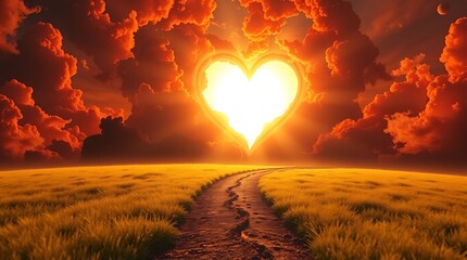 Heart shaped sun illuminates a path through a golden field at sunset
