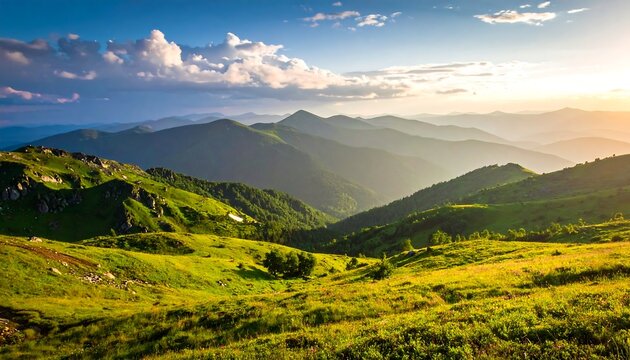 A scenic panorama of rolling green hills meeting distant, misty mountains, illuminated by a golden sunset with fluffy clouds
