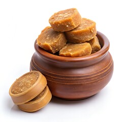 Palm Jaggery Slices Around Clay Bowl Natural Light Aesthetic