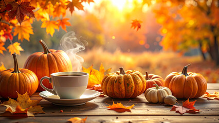 A cozy autumn morning scene featuring a steaming cup of coffee surrounded by various pumpkins on a wooden table with a beautiful, sunlit fall forest in the background