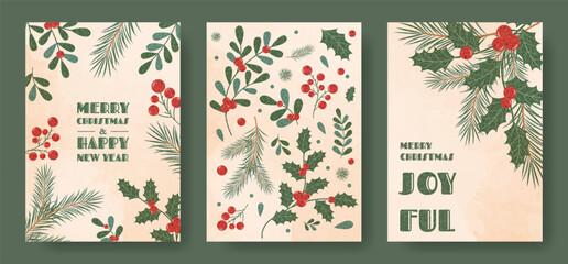 Retro Christmas or New Year card set with Holly Leaves, Mistletoe Branches, Red Berries and Pine with Antique Texture on Watercolor Background. Poster, Banner, Flyer Holiday vector illustrations.