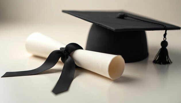 Close up photo of graduation cap diploma and ribbon. Academic degree concept celebrates education achievement. Graduation ceremony symbolizes new beginning at school or university