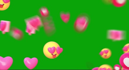 Animated emojis and heart like icons floating on bright green screen for social media engagement - Powered by Adobe