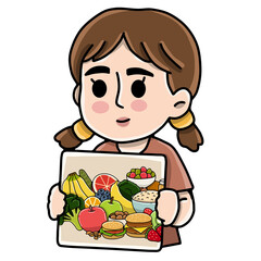 Girl carrying pictures of fruit and vegetables