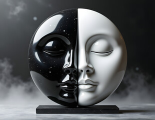 Yin Yang sculpture representing balance and harmony with a cosmic theme

