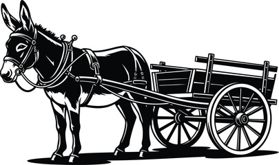 Black and white donkey pulling wooden cart illustration © MdHabibur