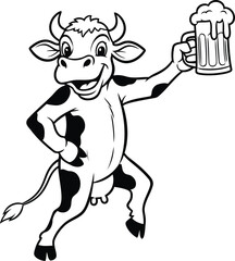 Cartoon cow holding a frothy beer mug drink