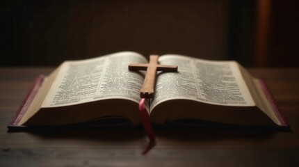 Fototapeta premium Open Bible with a wooden cross on a dark background and warm lighting 