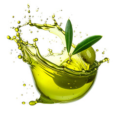 Olive oil splash with green olives and leaves, isolated on black background