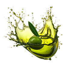 Green olive with leaf, suspended in a vibrant splash of olive oil against a black background