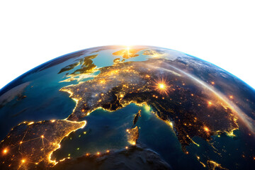 A vibrant blue planet, the Earth, illuminated by the Sun and accompanied by the Moon, is viewed as a luminous sphere in black space