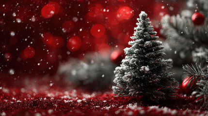 Obraz premium A charming frosted Christmas tree stands on sparkling red glitter, surrounded by dreamy bokeh lights and falling snow. Perfect winter holiday background for festive designs.
