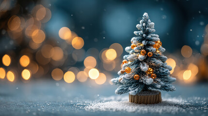 Obraz premium Miniature Christmas tree covered in snow and golden ornaments stands on frosty surface. Warm bokeh lights create magical winter holiday atmosphere, perfect for festive celebrations.