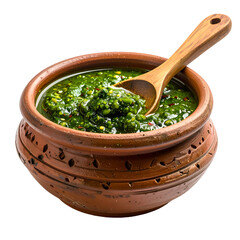 A rustic, earthen bowl filled with vibrant green sauce, a wooden spoon rests within