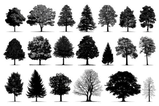 Grey-scale tree silhouettes, various shapes and sizes