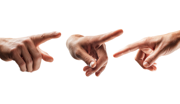 Three hands, isolated on black, pointing.  Each hand gestures outward, fingers extended, in a slightly different position