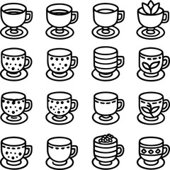 Obraz premium A colorful doodle illustration of a set of coffee and tea cups with a sweet cupcake and teapot icon for cafe design