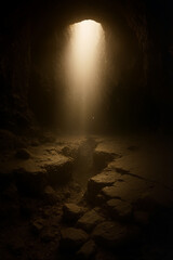 A mysterious view inside the Earth’s core, showing a deep underground cavern illuminated by a divine golden light beam shining through a crack above.