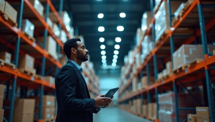 Business person examines warehouse inventory with tablet computer. Man in suit reviews storage shelves inside industrial facility. Logistics expert inspects stock management system. Warehouse worker