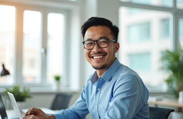 Young Asian man in eyeglasses smiles in modern office. Business pro works on laptop computer at desk. Happy executive or office worker in blue shirt.