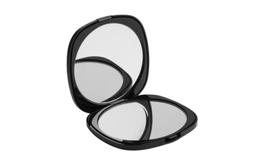 Open compact makeup case with mirror and two shades of powder
