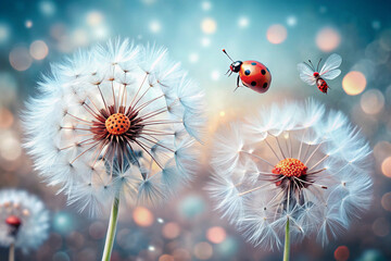 A beautiful ladybug beetle rests on a vibrant purple echinacea flower in the summer garden