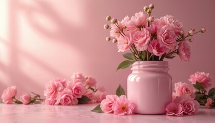Fototapeta premium Pink flowers arranged in minimalist jar on light pink table. Gentle shadows fall on soft background wall. Loose flower petals, buds decorate surface, creating beautiful, elegant, fresh aesthetic.