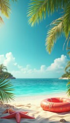 Fototapeta premium Tropical beach scene with palm trees, starfish, inflatable life ring on sandy shore. Turquoise ocean water, blue sky with clouds in background. Palm leaves hang down over beach. Starfish lie on sand