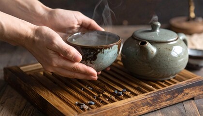 Hands gently cradle a steaming ceramic teacup next to a teapot on a wooden tray, evoking a serene tea ceremony.