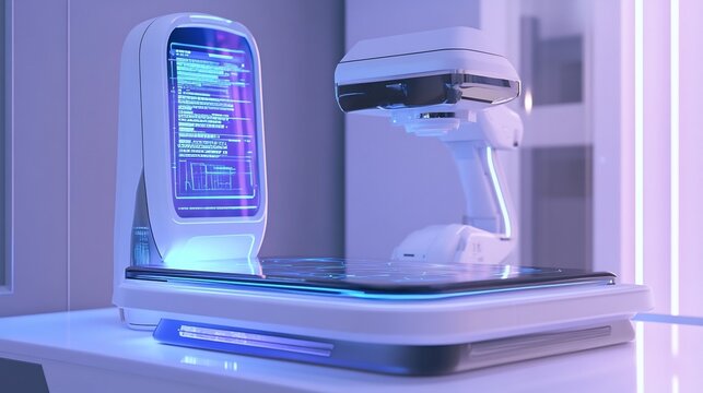 Futuristic medical device with glowing screen and vr headset