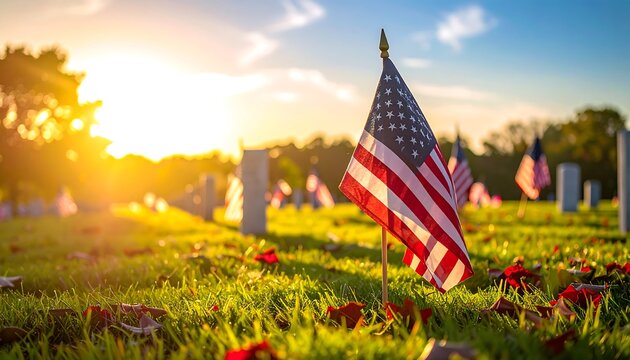 A sunlit graveyard scene at dusk features multiple American flags placed on graves amidst green grass. The warm sunset highlights the setting