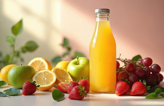 Glass bottle filled with vibrant yellow juice. Fresh lemons, green apples, ripe strawberries, red grapes surround container, suggesting refreshing, healthy beverage perfect for summer refreshment, - Powered by Adobe
