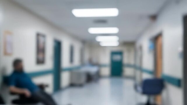 A blurred, empty hospital corridor with a patient bed visible on the left