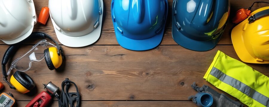 Construction safety gear on wooden background. Hard hats, ear protectors, goggles, gloves and vest for worker protection. Personal equipment for industry and building site.