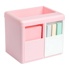 A pale pink desk organizer with compartments for stationary and sticky notes, isolated