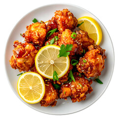 Close-up, overhead view of crispy, golden fried food on white plate with lemon slices & garnish