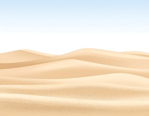A serene desert landscape with gentle, undulating sand dunes stretching towards a soft, blue sky horizon. The light gives warm tones