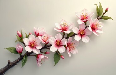 Blooming branch illustration. Pink and white petals with yellow stamens. Spring concept. Elegant floral design for cards or wedding invitations. Fresh blossom. Tender buds and leaves on brown branch.