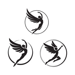 Three stylized angelic figures dancing within circular frames graphic design elements
