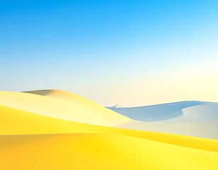 A serene desert landscape with vast sand dunes under a clear, bright blue sky. The light creates a gradient effect