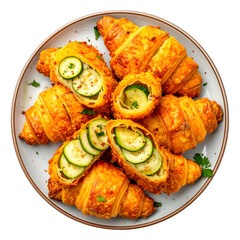 Overhead shot of flaky, golden croissants, some filled with zucchini, on a light-colored plate