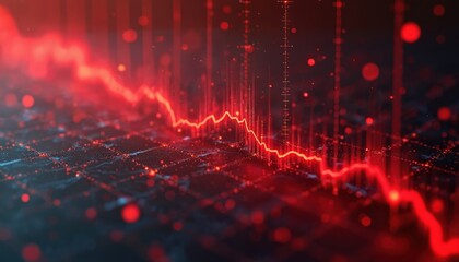 Red chart shows economic recession, market crash. Falling graph represents business decline. Abstract diagram illustrates financial losses. Diagram shows trade downfall on stock exchange. Crisis