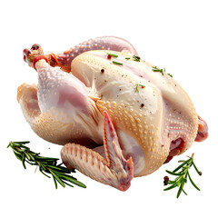 Raw, whole poultry, seasoned with herbs, on a transparent background. Ready for cooking