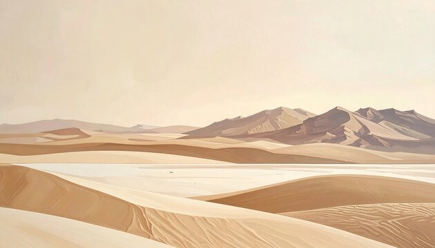 A serene desert vista with rolling sand dunes and distant mountains bathed in soft, golden sunlight - Powered by Adobe