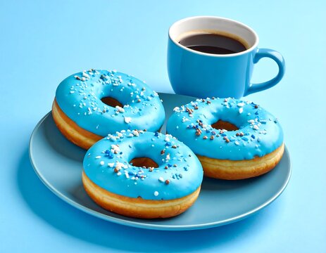 A plate holds three donuts with blue frosting and sprinkles, next to a matching blue mug filled with dark coffee