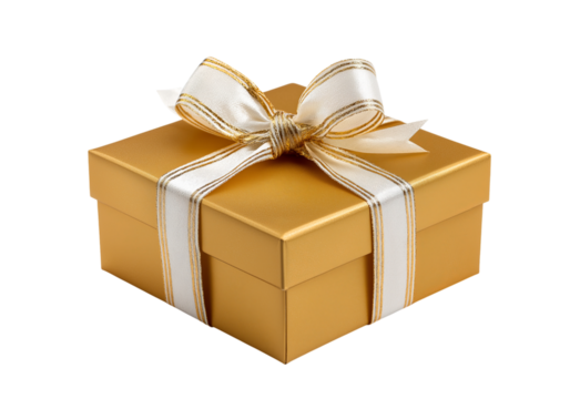 Golden Gift Box with White Ribbon isolated on a transparent background