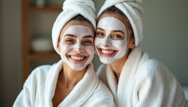 Two happy women wear bathrobes and towels with face masks for skincare. They smile and enjoy a spa day, showing bonding and relaxation. Healthy beauty routine.