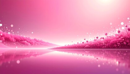 A serene, digital artwork featuring a monochromatic pink landscape. Soft lines delineate a body of water reflecting the soft, dreamy scenery